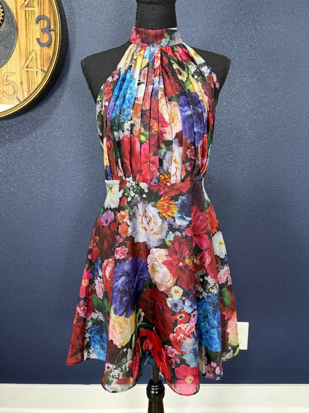 En Creme Floral Halter Open Back Fit and Flare Dress | M